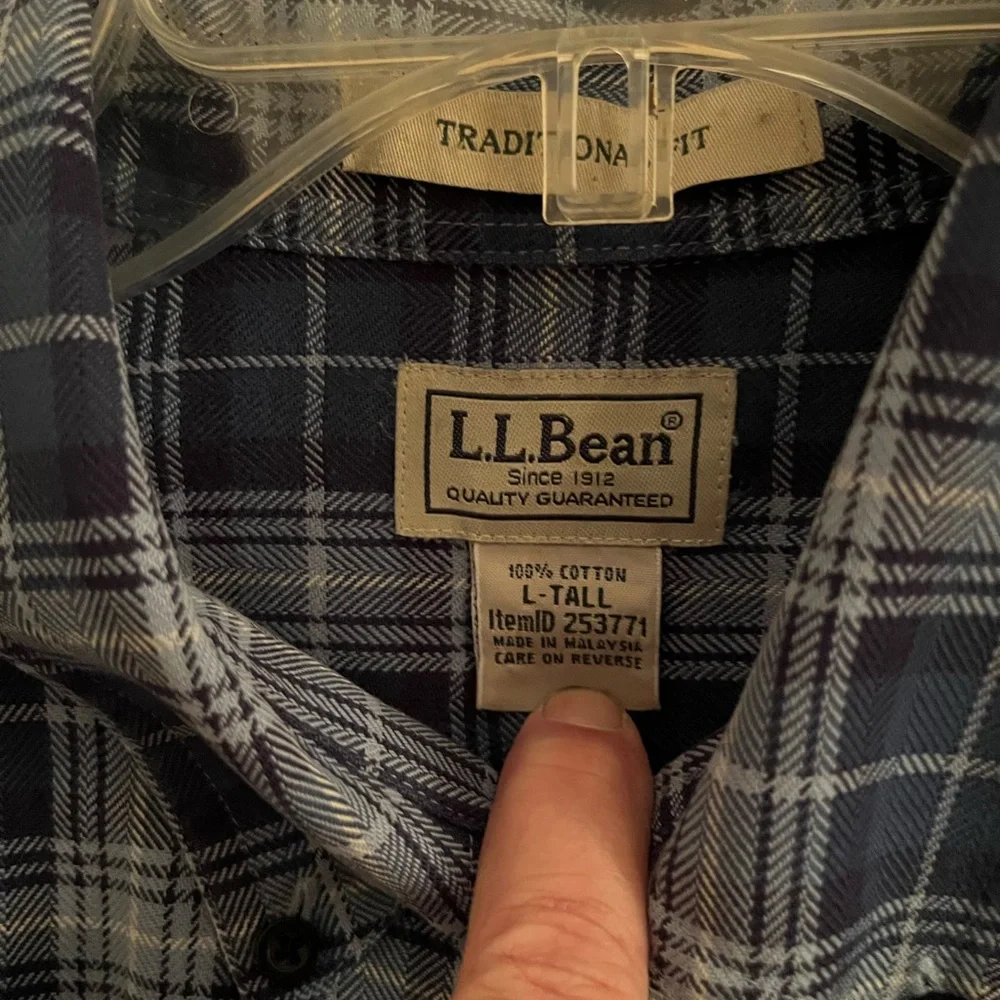 L.L. Bean Classic Blue White plaid‎ button down shirt Office Casual Large Tall